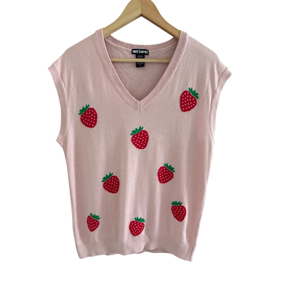 Hot Topic Pink Strawberry Knit Sweater Vest V-Neck Sleeveless Top Womens Medium